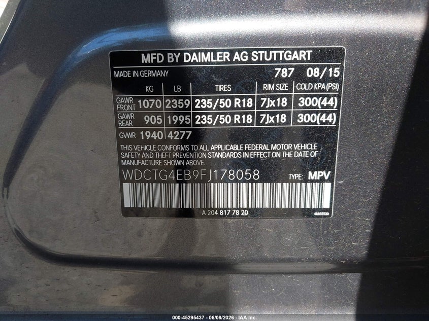 2015 Mercedes-Benz Gla 250 VIN: WDCTG4EB9FJ178058 Lot: 45295437