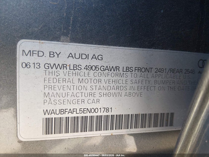2014 Audi A4 2.0T Premium VIN: WAUBFAFL5EN001781 Lot: 45295447