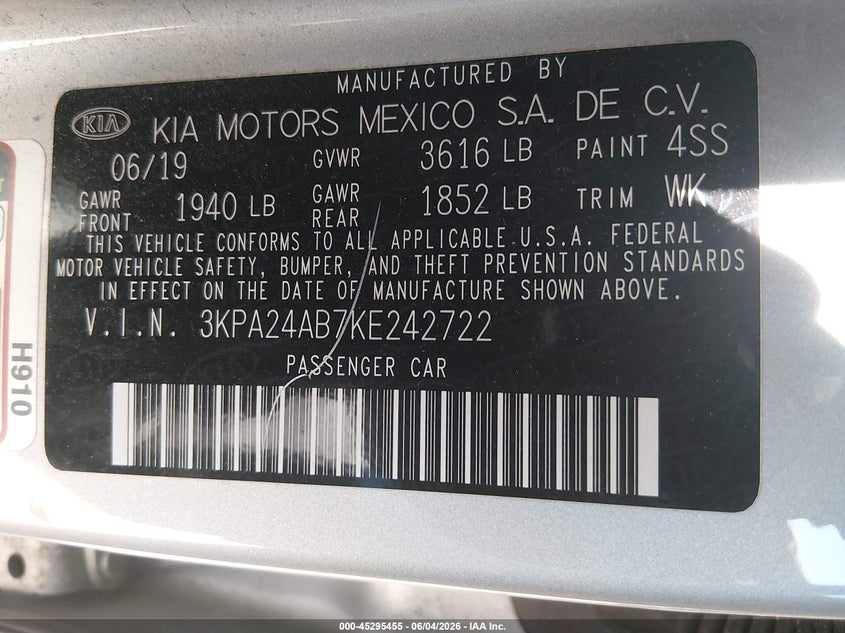2019 Kia Rio Lx VIN: 3KPA24AB7KE242722 Lot: 45295455