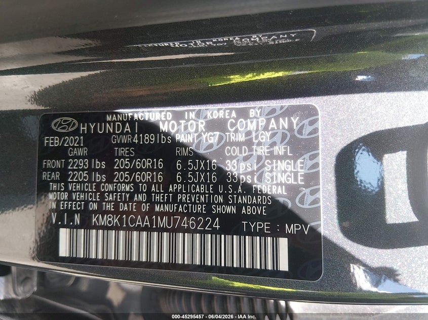 2021 Hyundai Kona Se VIN: KM8K1CAA1MU746224 Lot: 45295457
