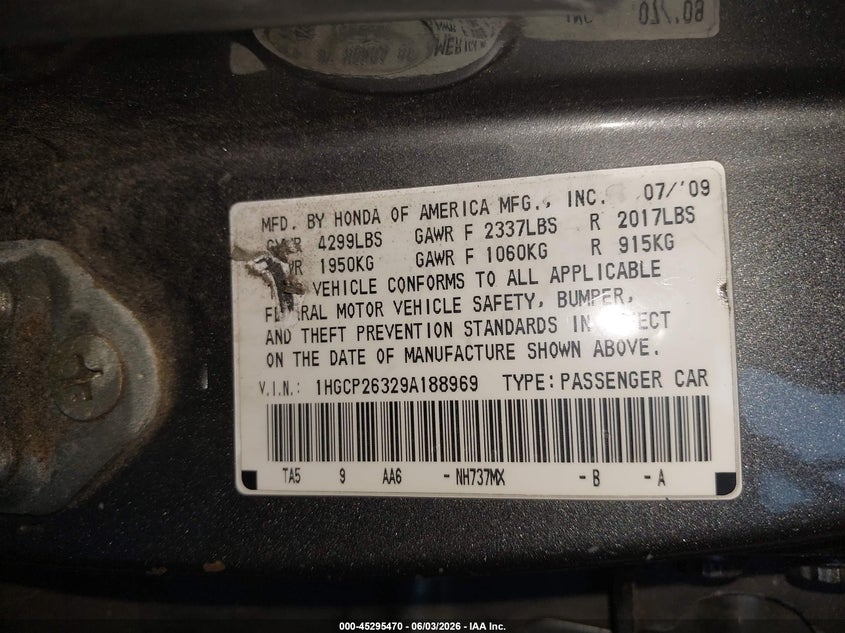 2009 Honda Accord 2.4 Lx VIN: 1HGCP26329A188969 Lot: 45295470