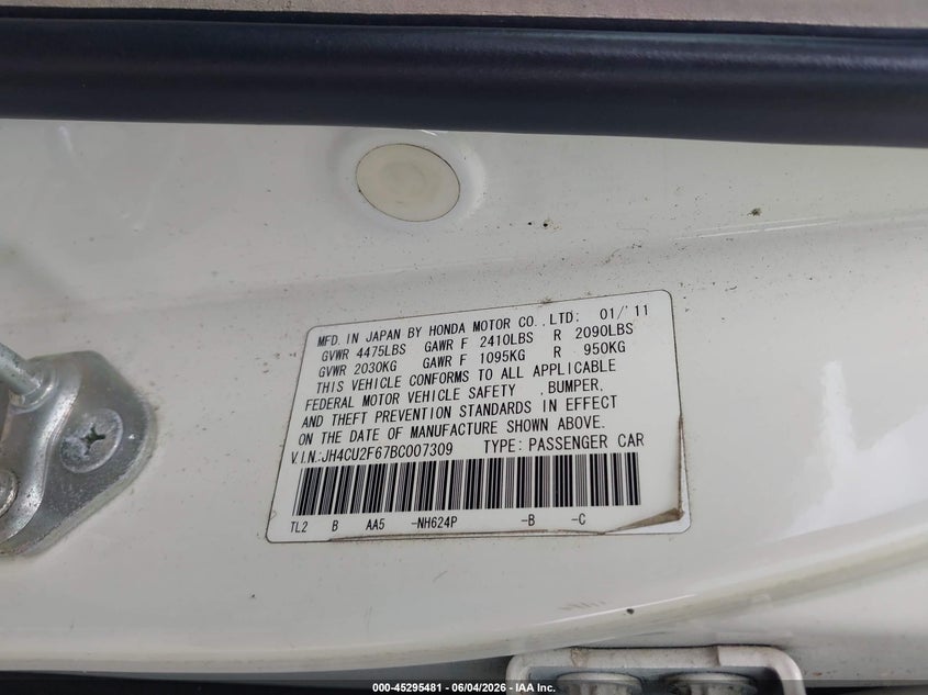 2011 Acura Tsx 2.4 VIN: JH4CU2F67BC007309 Lot: 45295481