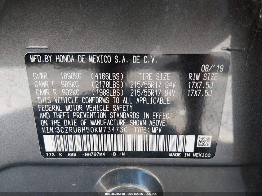 2019 Honda Hr-V Ex VIN: 3CZRU6H50KM734730 Lot: 45295518