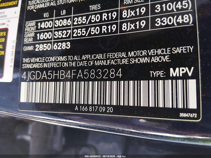 2015 Mercedes-Benz Ml 350 4Matic VIN: 4JGDA5HB4FA583284 Lot: 45295522