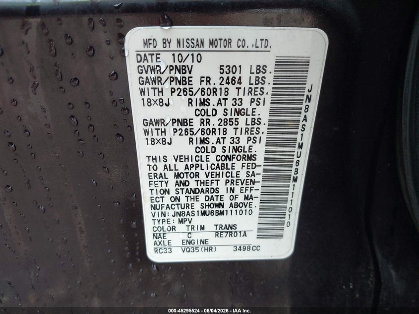 2011 Infiniti Fx35 VIN: JN8AS1MU6BM111010 Lot: 45295524