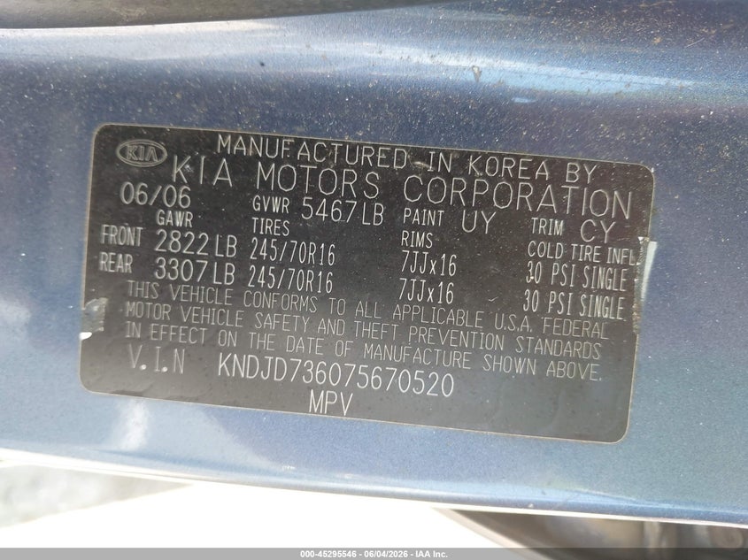 2007 Kia Sorento Ex VIN: KNDJD736075670520 Lot: 45295546