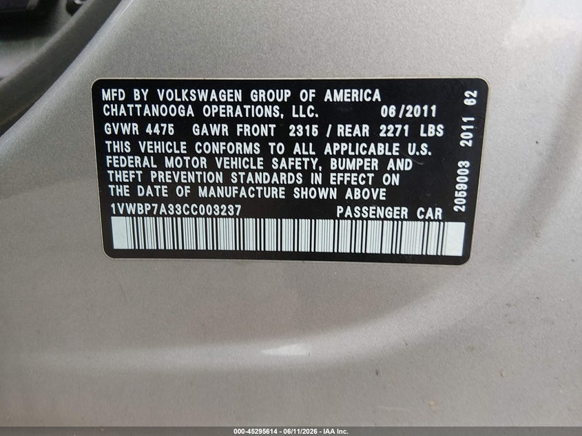 2012 VOLKSWAGEN PASSAT SEDAN 2.5L I-5 DOHC, VVT, 170HP