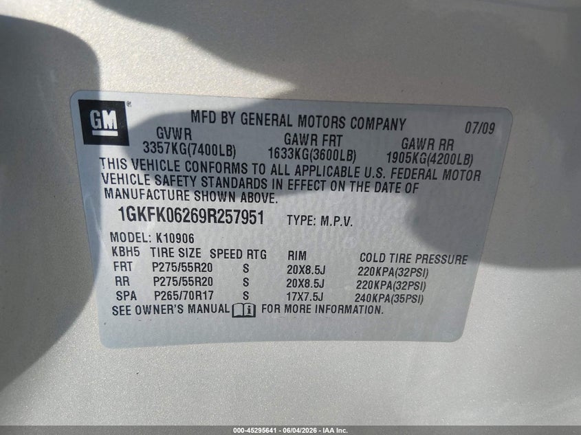 2009 GMC Yukon Xl 1500 Denali VIN: 1GKFK06269R257951 Lot: 45295641