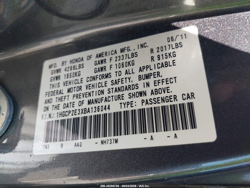 2011 Honda Accord 2.4 Lx VIN: 1HGCP2E3XBA136044 Lot: 45295758