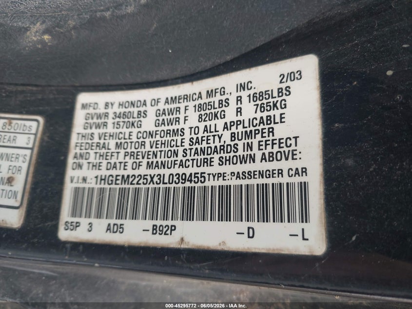 2003 Honda Civic Lx VIN: 1HGEM225X3L039455 Lot: 45295772