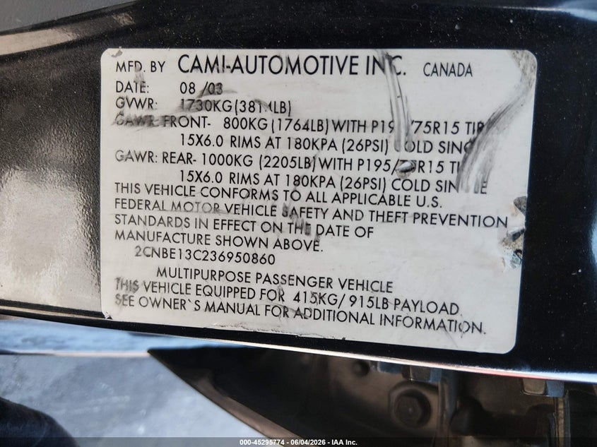 2003 Chevrolet Tracker Hard Top Base VIN: 2CNBE13C236950860 Lot: 45295774