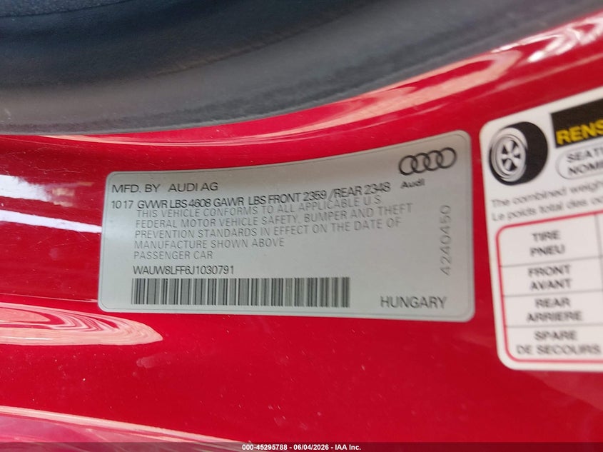 2018 Audi A3 2.0T Premium VIN: WAUW8LFF6J1030791 Lot: 45295788