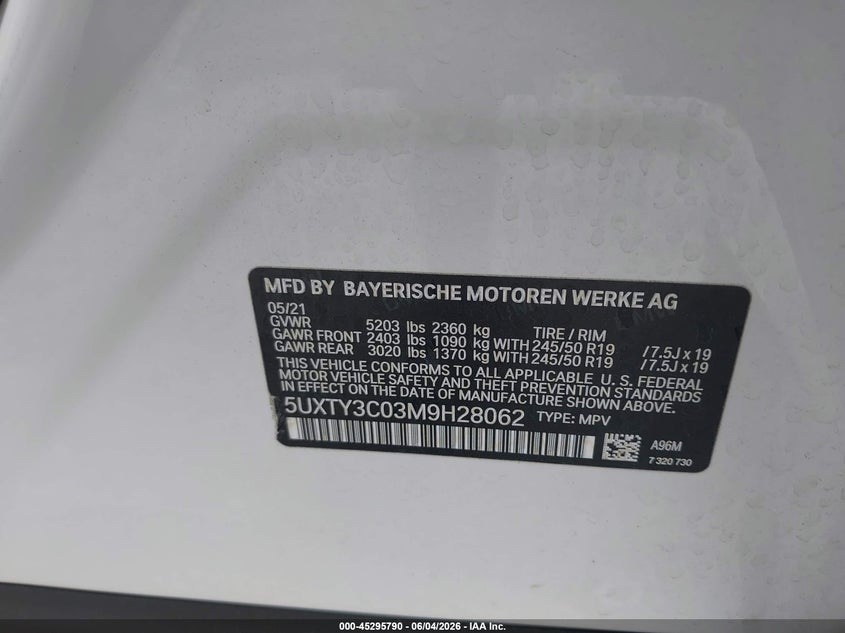 2021 BMW X3 Sdrive30I VIN: 5UXTY3C03M9H28062 Lot: 45295790
