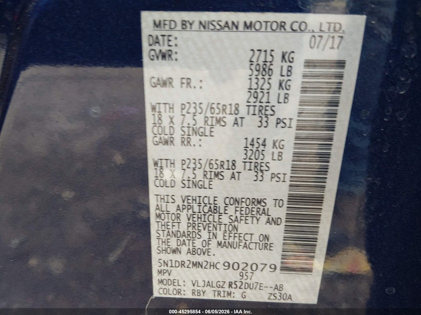 2017 Nissan Pathfinder Sl VIN: 5N1DR2MN2HC902079 Lot: 45295854