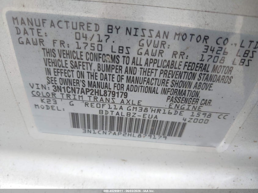 2017 Nissan Versa 1.6 Sv VIN: 3N1CN7AP2HL879179 Lot: 45295911