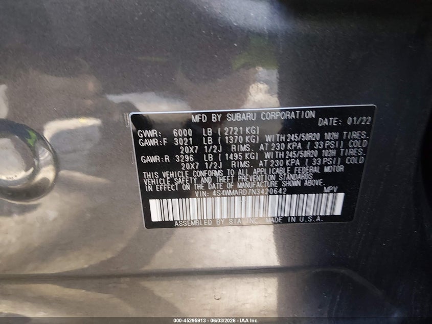 2022 Subaru Ascent Touring VIN: 4S4WMARD7N3420642 Lot: 45295913