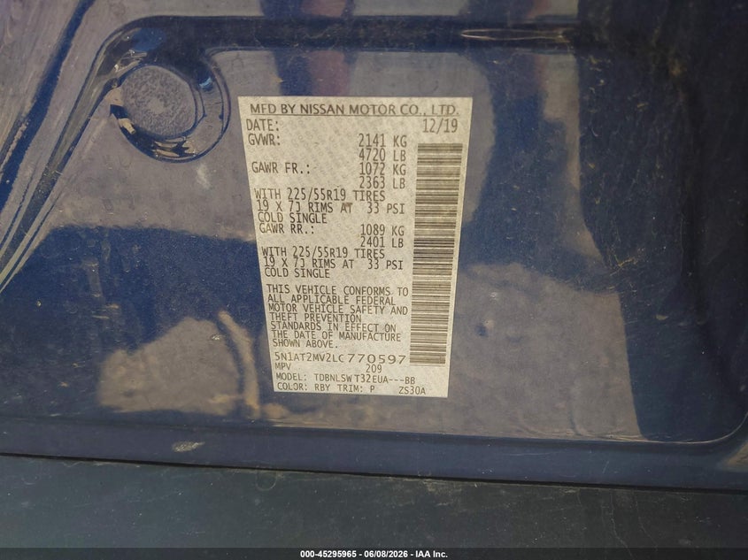 2020 Nissan Rogue Sl Intelligent Awd VIN: 5N1AT2MV2LC770597 Lot: 45295965