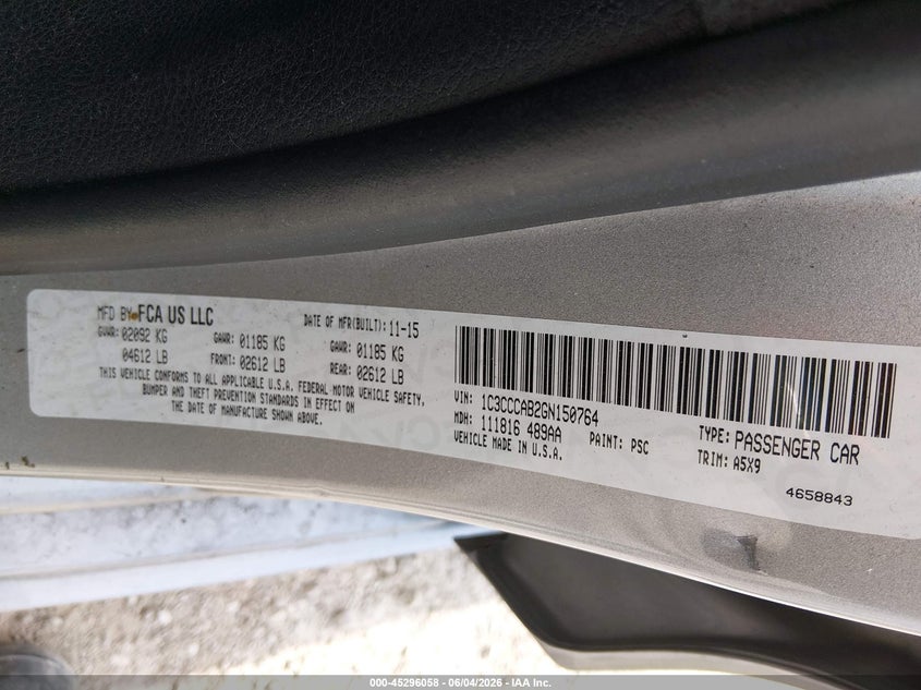 2016 Chrysler 200 Limited VIN: 1C3CCCAB2GN150764 Lot: 45296058