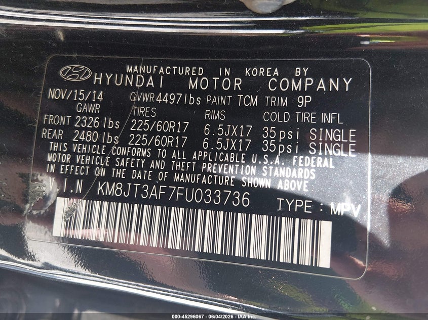 2015 Hyundai Tucson Gls VIN: KM8JT3AF7FU033736 Lot: 45296067