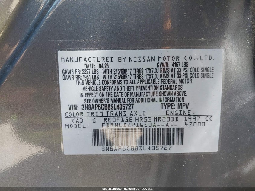 2025 Nissan Kicks Sv Intelligent Awd VIN: 3N8AP6CB8SL405727 Lot: 45296069