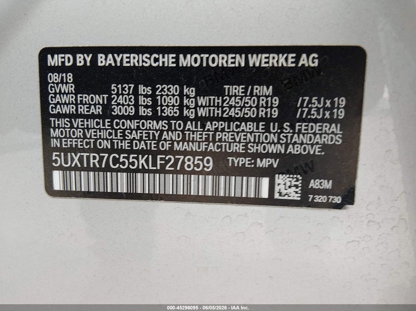 2019 BMW X3 Sdrive30I VIN: 5UXTR7C55KLF27859 Lot: 45296095