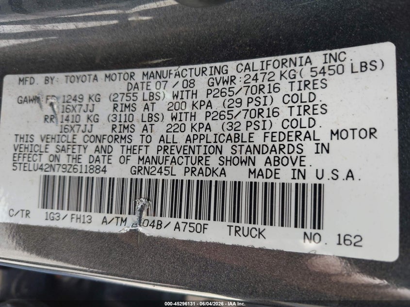 2009 Toyota Tacoma Base V6 VIN: 5TELU42N79Z611884 Lot: 45296131