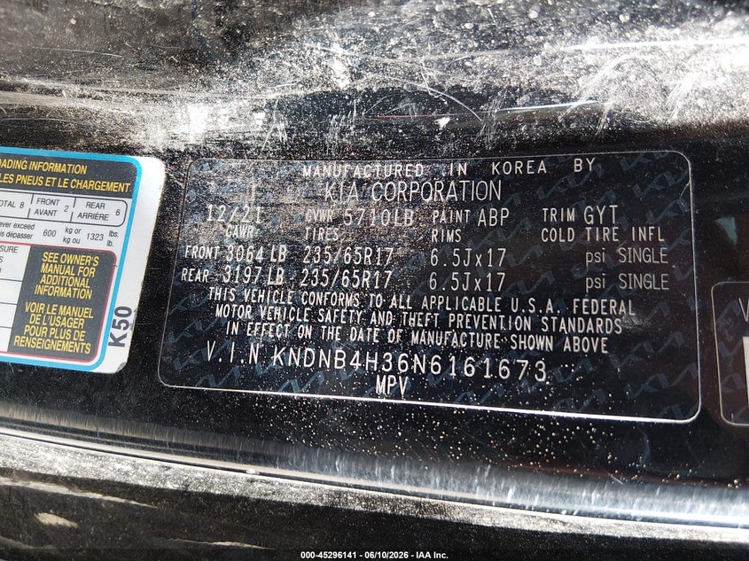 2022 Kia Carnival Mpv Lx Seat Package VIN: KNDNB4H36N6161673 Lot: 45296141