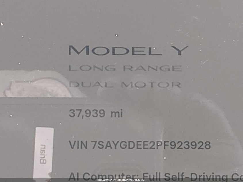 2023 Tesla Model Y Awd/Long Range Dual Motor All-Wheel Drive VIN: 7SAYGDEE2PF923928 Lot: 45296161