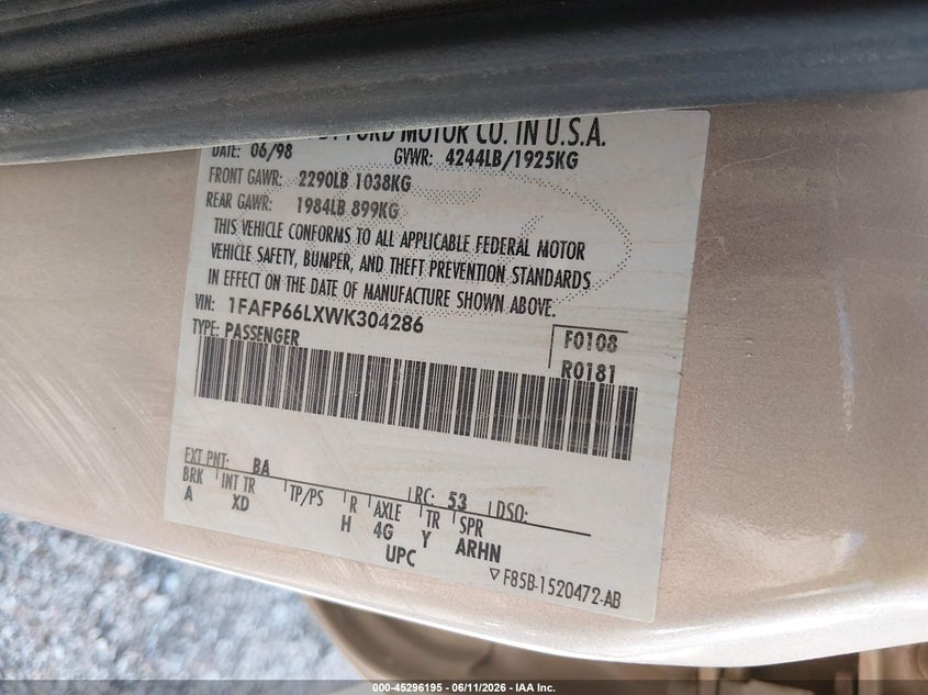 1998 FORD CONTOUR SEDAN 2.0L I-4 DOHC, VVT, 125HP