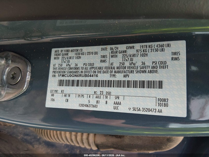 2024 Ford Escape Active VIN: 1FMCU0GN6RUB04416 Lot: 45296206