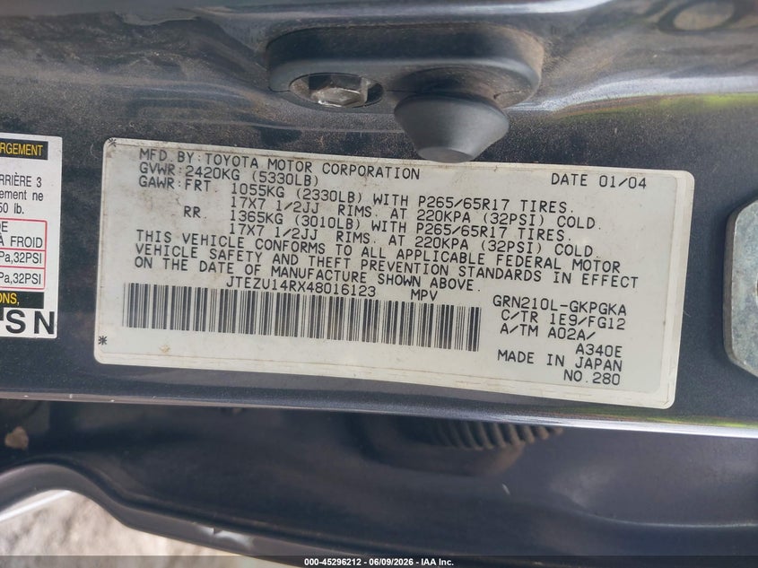 2004 Toyota 4Runner Sr5 V6 VIN: JTEZU14RX48016123 Lot: 45296212