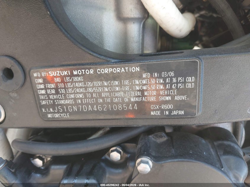 2006 Suzuki Gsx-R600 K6 VIN: JS1GN7DA462108544 Lot: 45296242