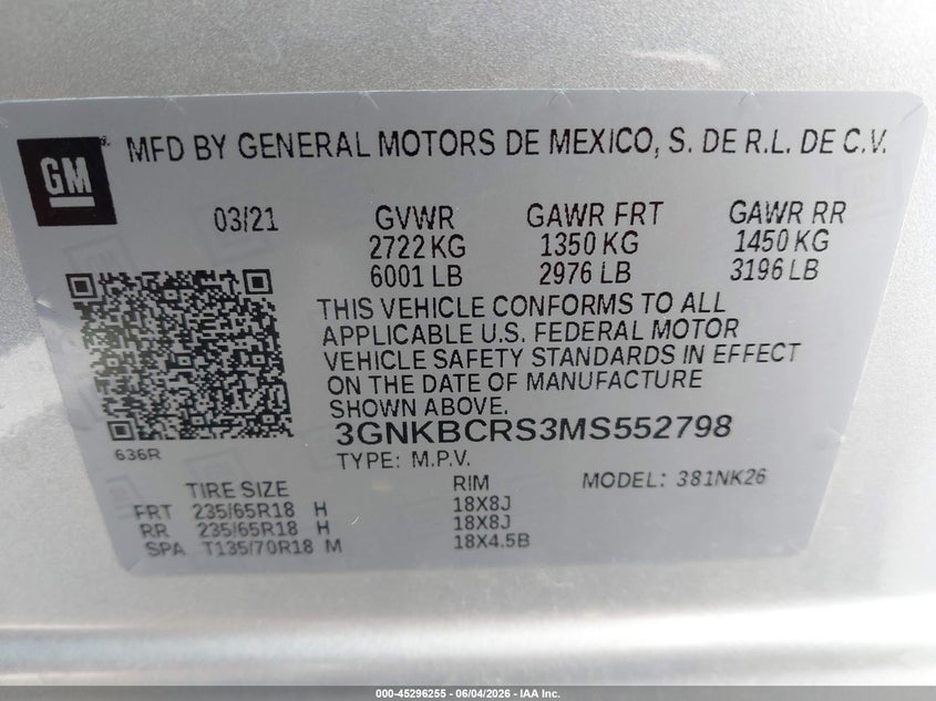 2021 Chevrolet Blazer Fwd 2Lt VIN: 3GNKBCRS3MS552798 Lot: 45296255