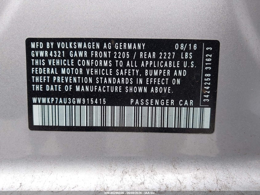 2016 Volkswagen E-Golf Se VIN: WVWKP7AU3GW915415 Lot: 45296326