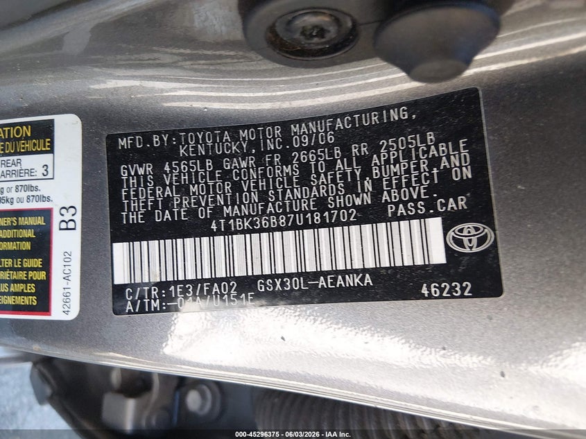 2007 Toyota Avalon Xl VIN: 4T1BK36B87U181702 Lot: 45296375