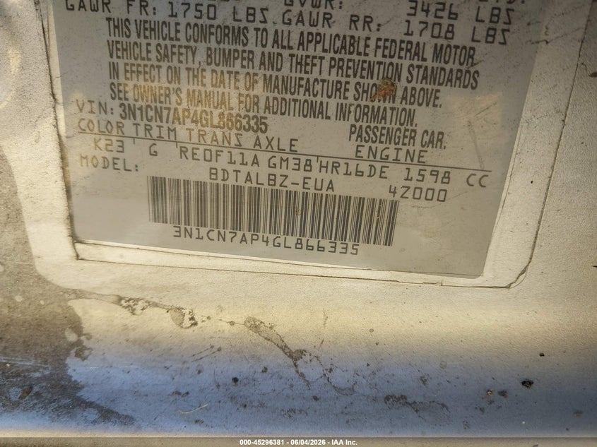 2016 Nissan Versa 1.6 Sv VIN: 3N1CN7AP4GL866335 Lot: 45296381