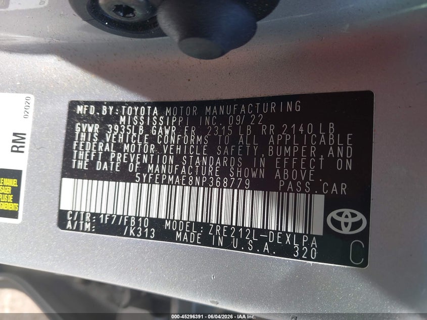 2022 Toyota Corolla Le VIN: 5YFEPMAE8NP368779 Lot: 45296391
