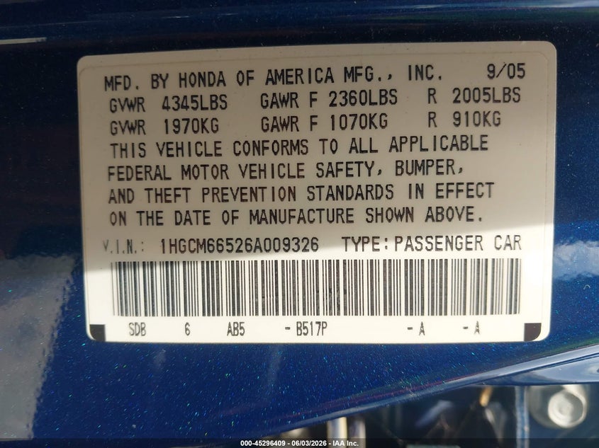 2006 Honda Accord 3.0 Ex VIN: 1HGCM66526A009326 Lot: 45296409