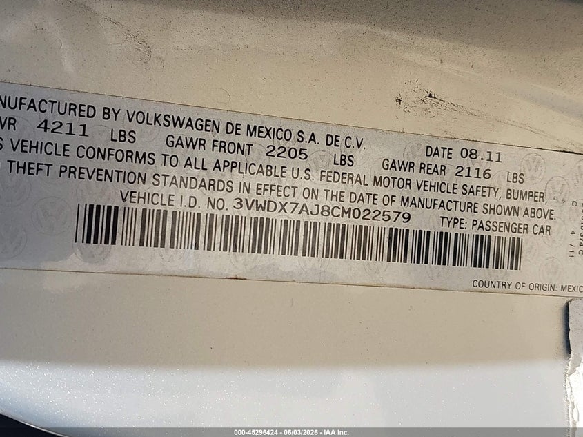 2012 Volkswagen Jetta 2.5L Se VIN: 3VWDX7AJ8CM022579 Lot: 45296424