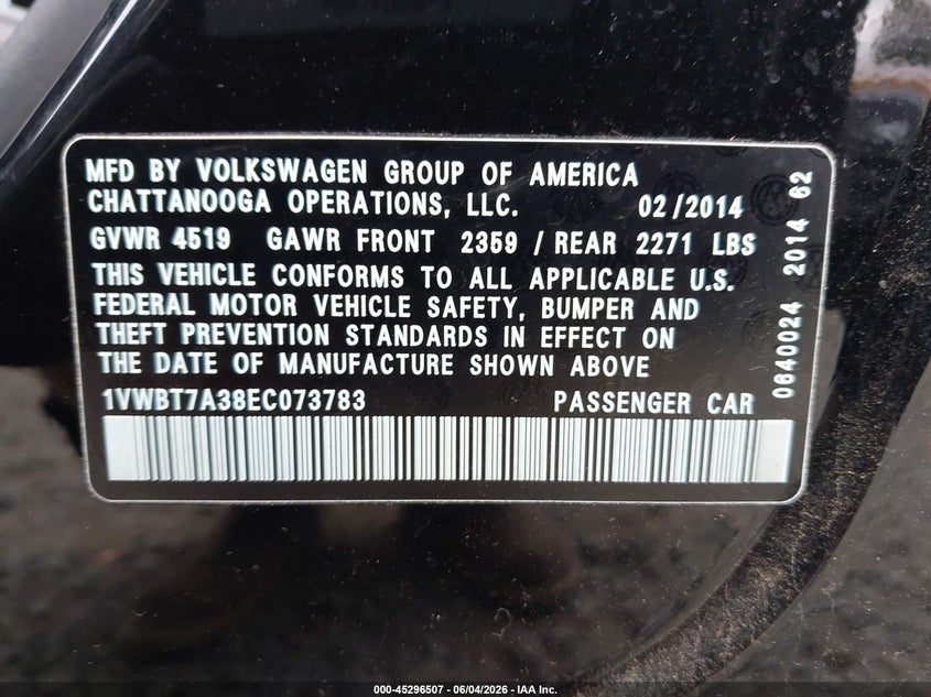 2014 Volkswagen Passat 1.8T Se VIN: 1VWBT7A38EC073783 Lot: 45296507