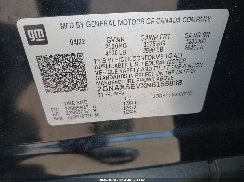 2022 Chevrolet Equinox Awd Ls VIN: 2GNAXSEVXN6155838 Lot: 45296594