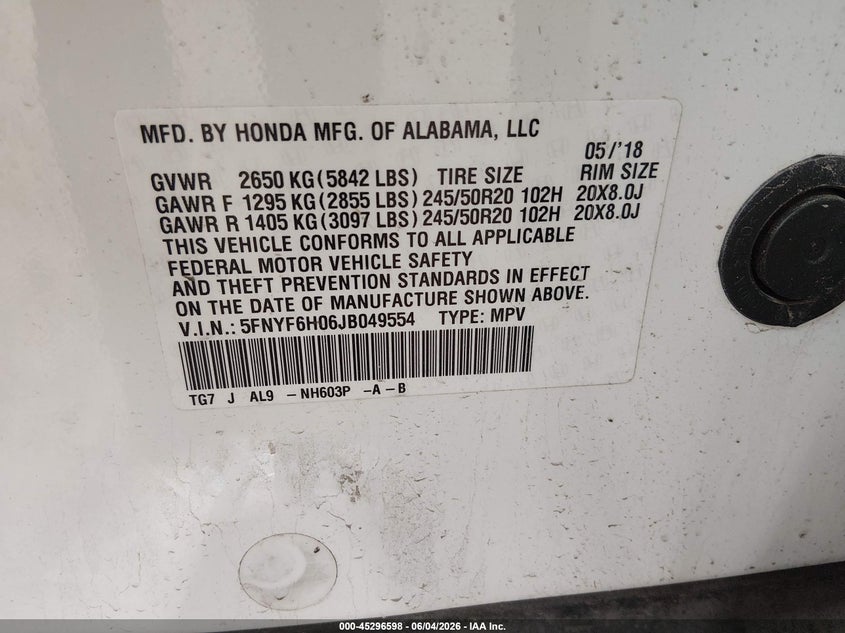2018 Honda Pilot Elite VIN: 5FNYF6H06JB049554 Lot: 45296598