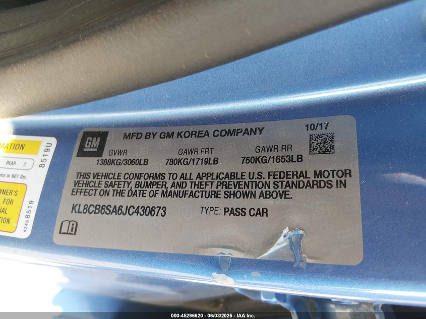 2018 Chevrolet Spark Ls Cvt VIN: KL8CB6SA6JC430673 Lot: 45296620