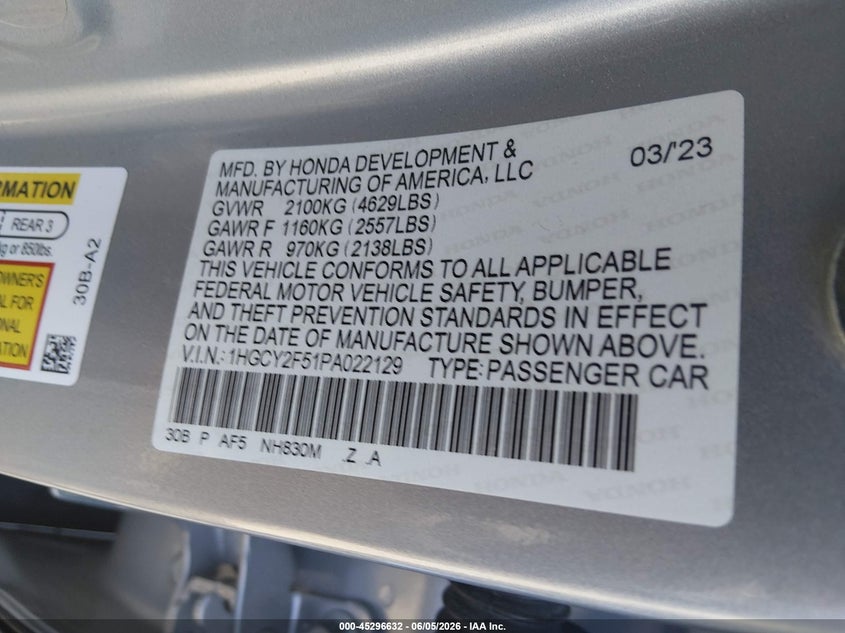 2023 HONDA ACCORD HYBRID 2.0L I-4 DI, DOHC, V(VIN: 1HGCY2F51PA022129