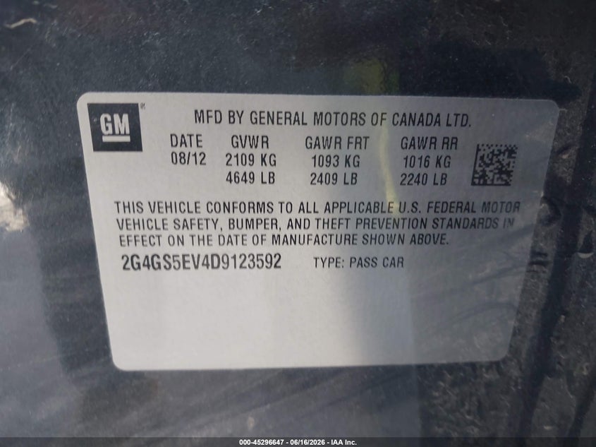 2013 Buick Regal Turbo - Premium 1 VIN: 2G4GS5EV4D9123592 Lot: 45296647