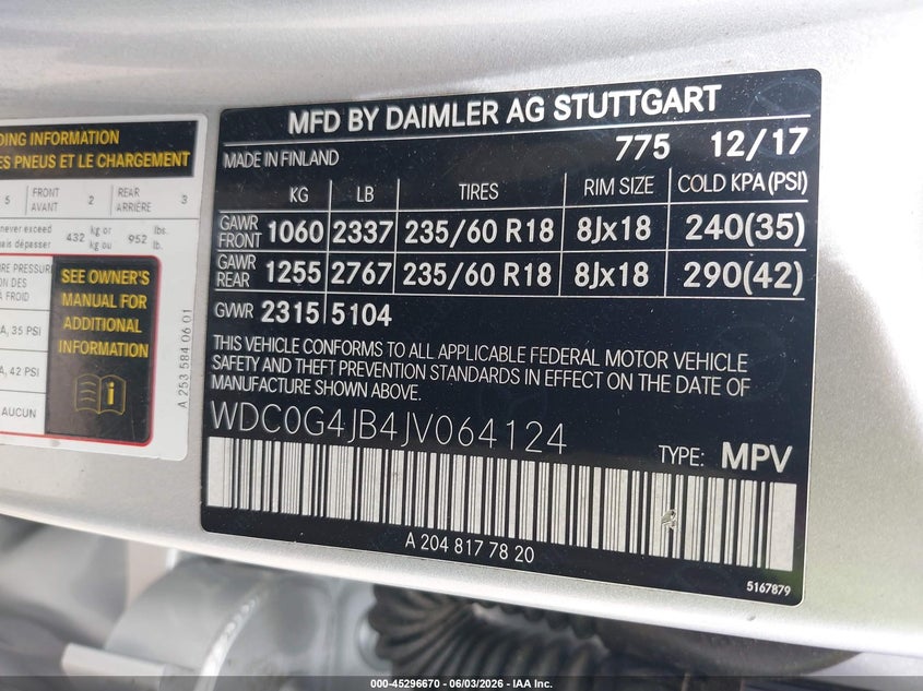 2018 Mercedes-Benz Glc 300 VIN: WDC0G4JB4JV064124 Lot: 45296670