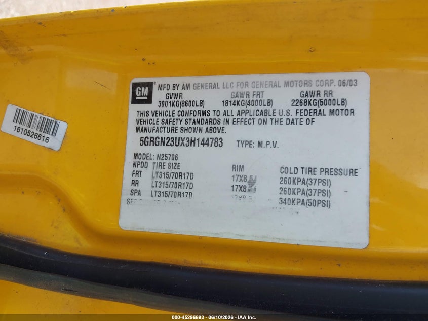 2003 Hummer H2 VIN: 5GRGN23UX3H144783 Lot: 45296693