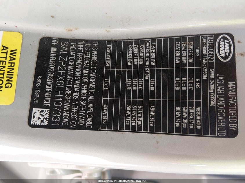 2020 Land Rover Range Rover Evoque Se VIN: SALZP2FX6LH107331 Lot: 45296701