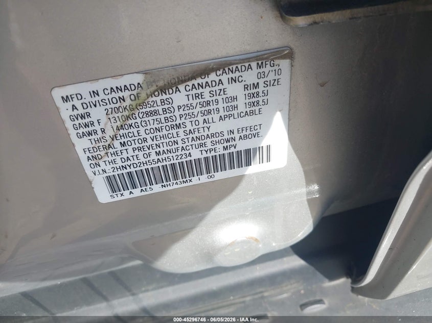 2010 Acura Mdx Advance Package VIN: 2HNYD2H55AH512234 Lot: 45296746