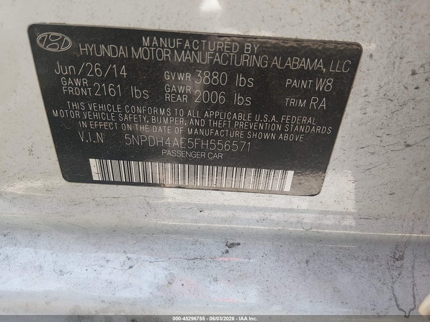 2015 Hyundai Elantra Se VIN: 5NPDH4AE5FH556571 Lot: 45296755